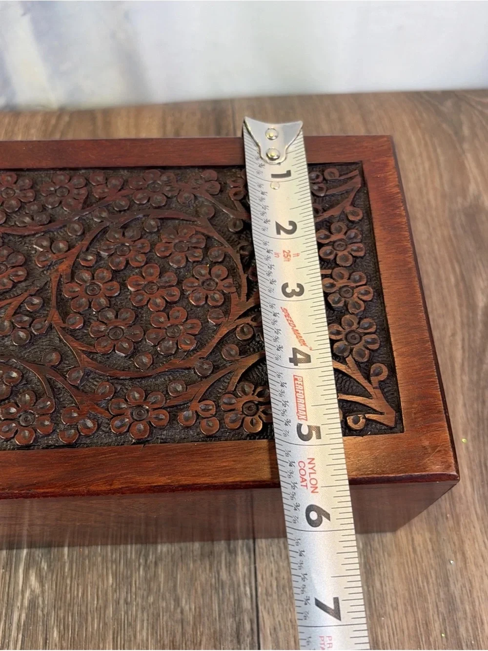 Hand-Carved Wooden Storage Box in Dark Brown